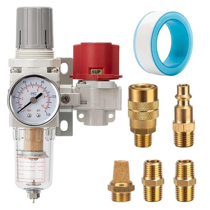 LNCHKA Pneumatic Air Compressor Filter Regulator Combo 1/4" NPT 0-150 PSI,Pressure relief 3 port valve,Manual Drain,5 Micron Brass Element - Image 1